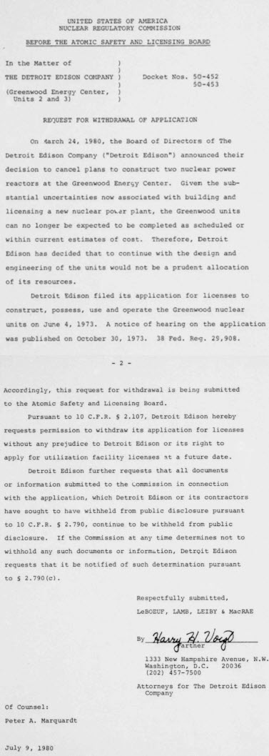 Greenwood Nuclear Power Plant (Cancelled) - 1980 FORMAL REQUEST OF WITHDRAWAL OF APPLICATION TO NRC